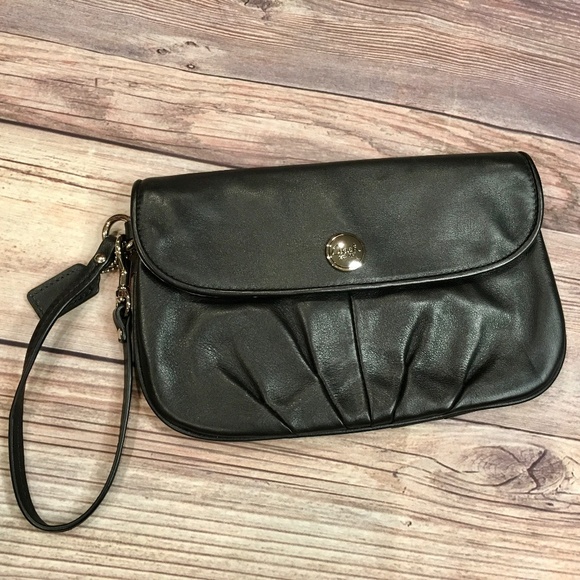 Coach Large Leather Wristlet in Black with Light Blue - Picture 1 of 6